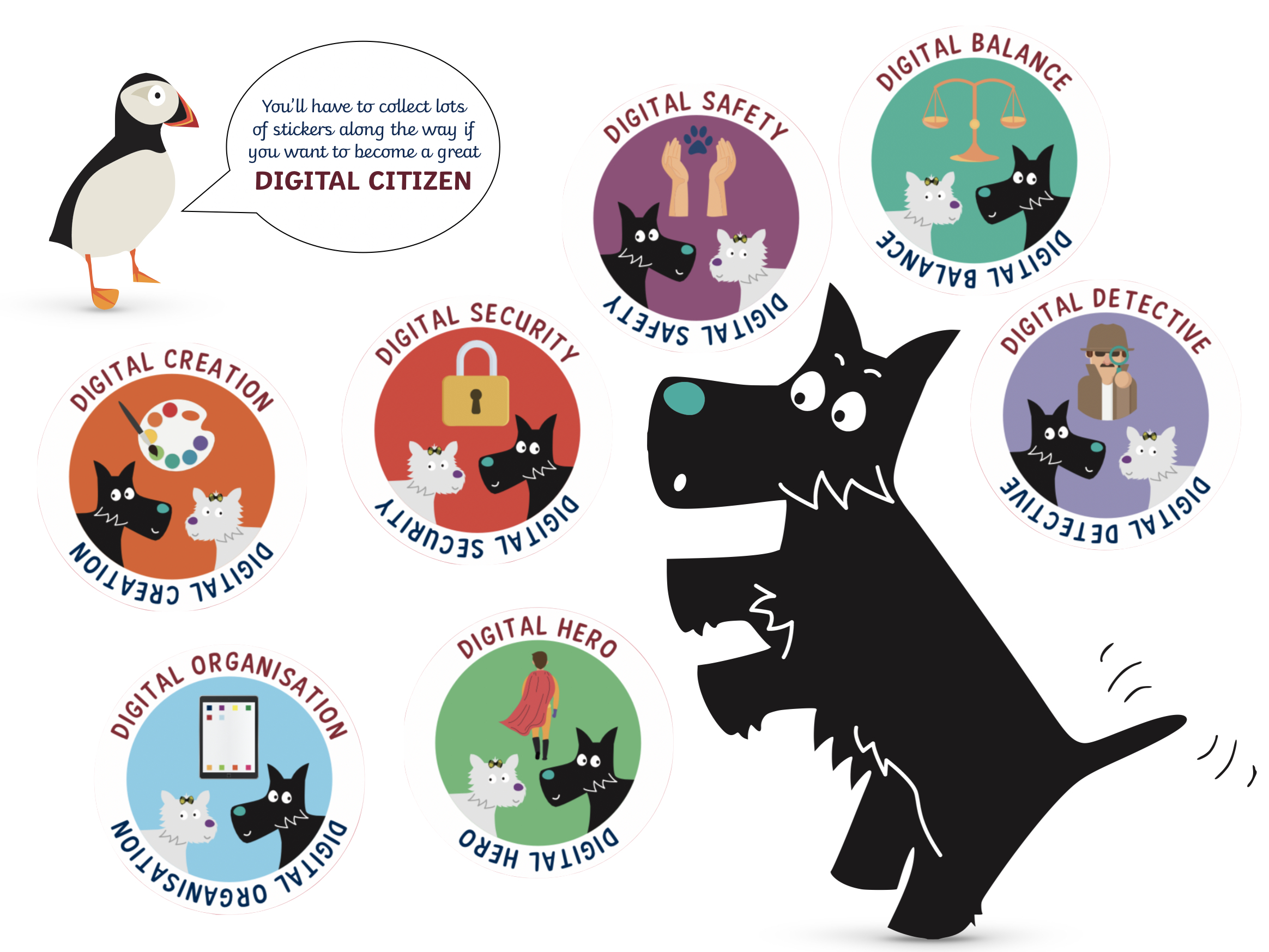 Fergus the black Scottish Highland Terrier cartoon with each of the digital badges that students can earn.