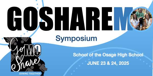 Banner for the GoShareMO Symposium at School of the Osage High School, June 23–24, 2025. Includes event title, date, location