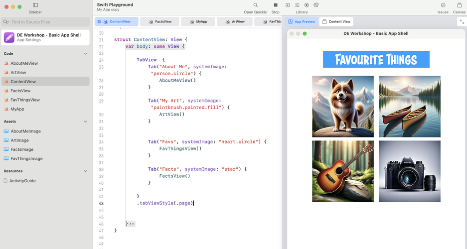 Swift Playground code view with preview showing Tab{} 