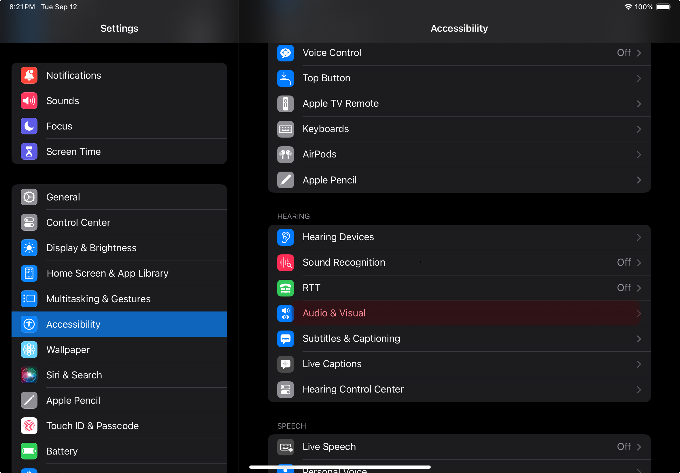 A screenshot of the Accessibility panel in the  settings app on the iPad. Audio and Visual is highlighted