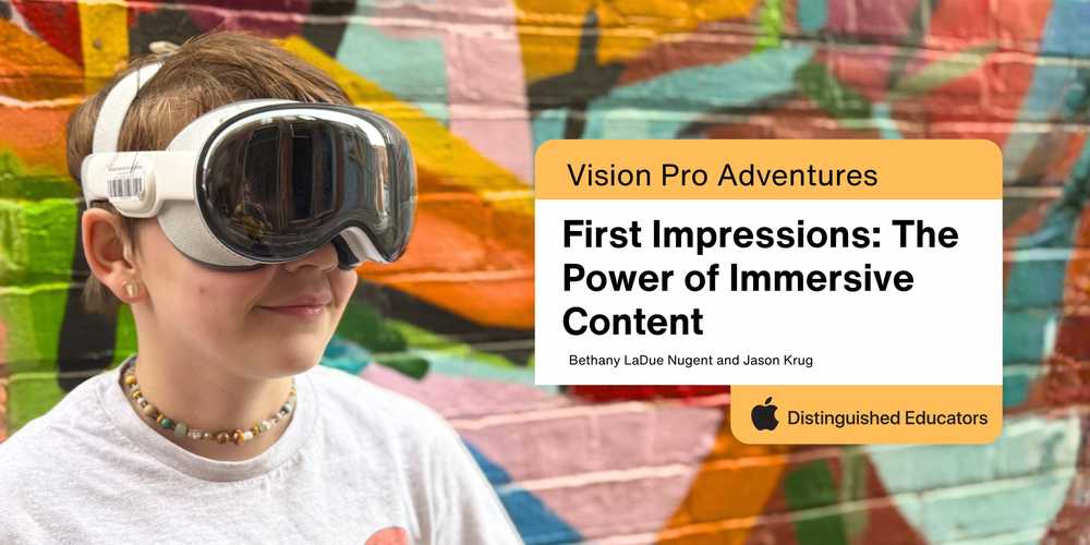 A student wearing an Apple Vision Pro stands against a colorful wall mural. 
