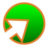 A green circle with an orange border and an arrow shape cut out of it.