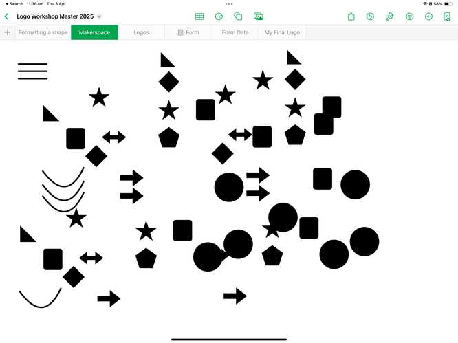 A Numbers workbook page with many basic shapes.