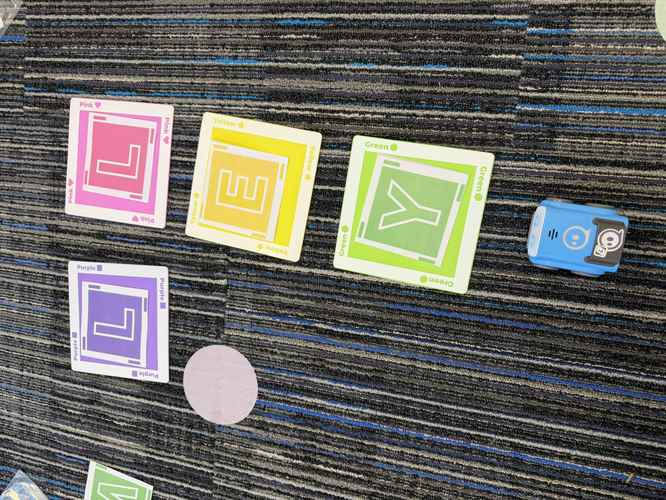 A top-down view of color-coded letter cards (L, E, Y, L) arranged on a carpeted floor alongside a small blue Sphero Indi robo