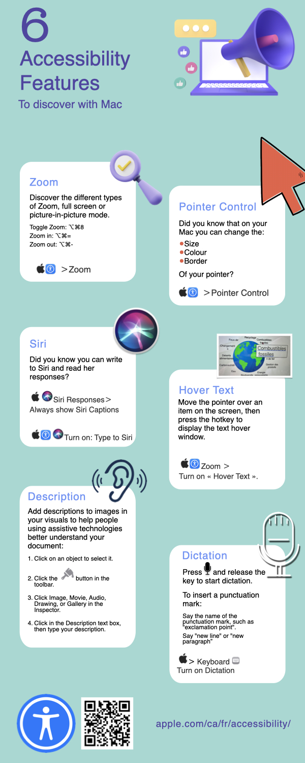 Infographic with 6 Mac Accessibility features to discover.