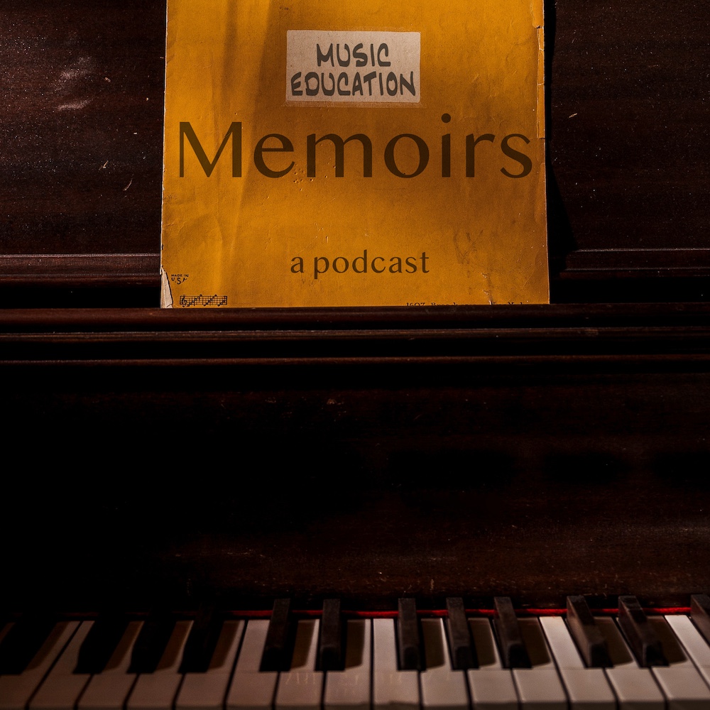 Podcast cover image of a folder labeled Music Education Memoirs sitting on the music stand of an old piano.