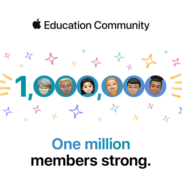 Graphic featuring diverse Memoji and flourishes celebrating one million members strong in the Apple Education Community