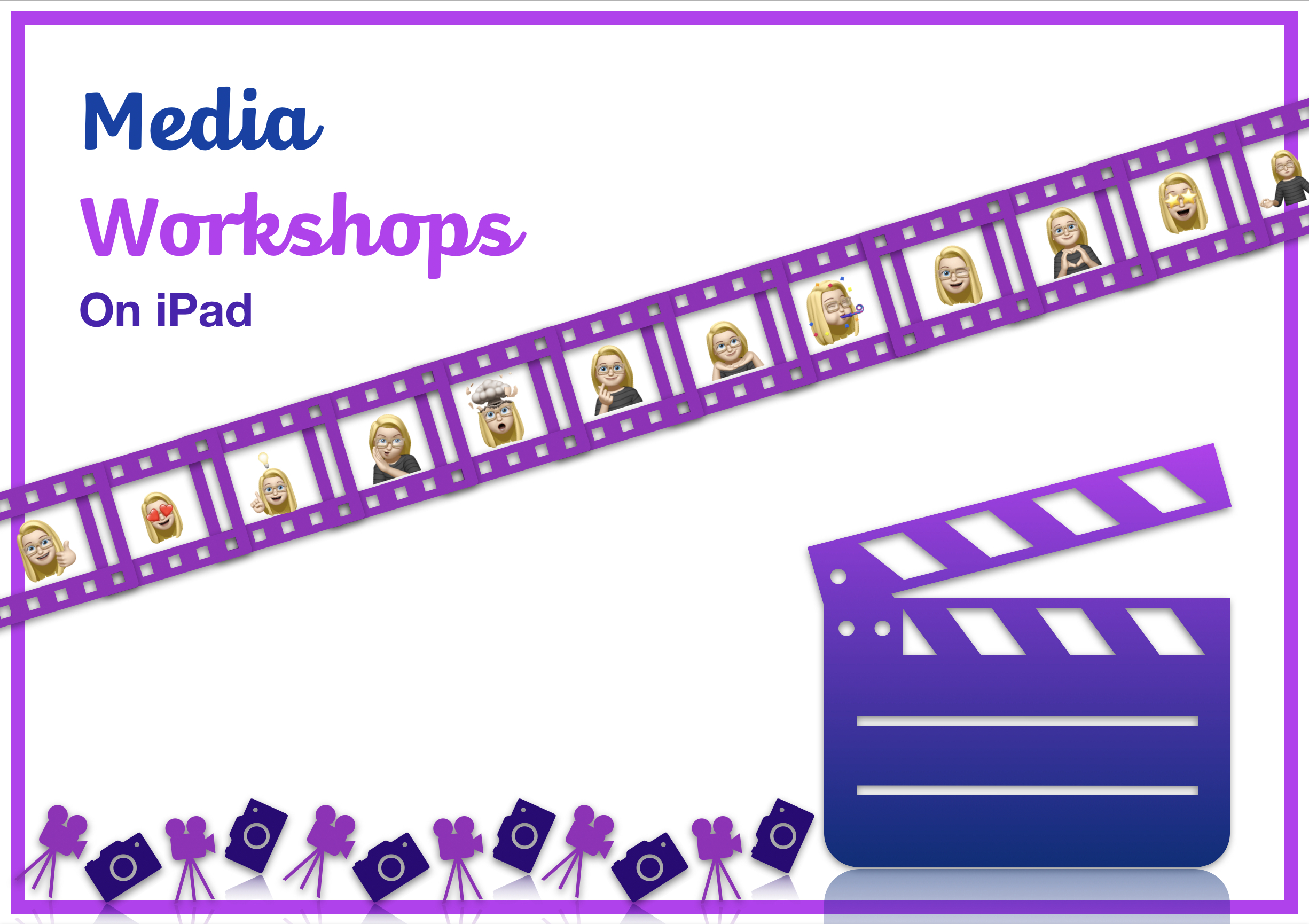 Media Workshops front page of document. Pink and purple colours used along with Memoji of teacher. 