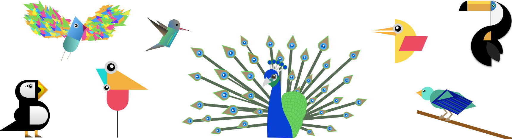 A selection of different-sized and different-colored birds made in Keynote using a series of limited shapes. 