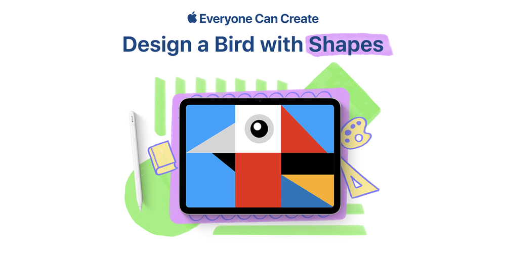 An exotic parrot of colorful shapes is placed within an iPad, surrounded by an illustrated pink frame and green shapes.