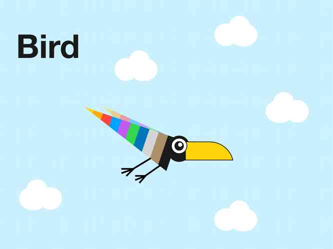 A bird made with shapes against a light blue sky with clouds, made using Keynote for iPad. 