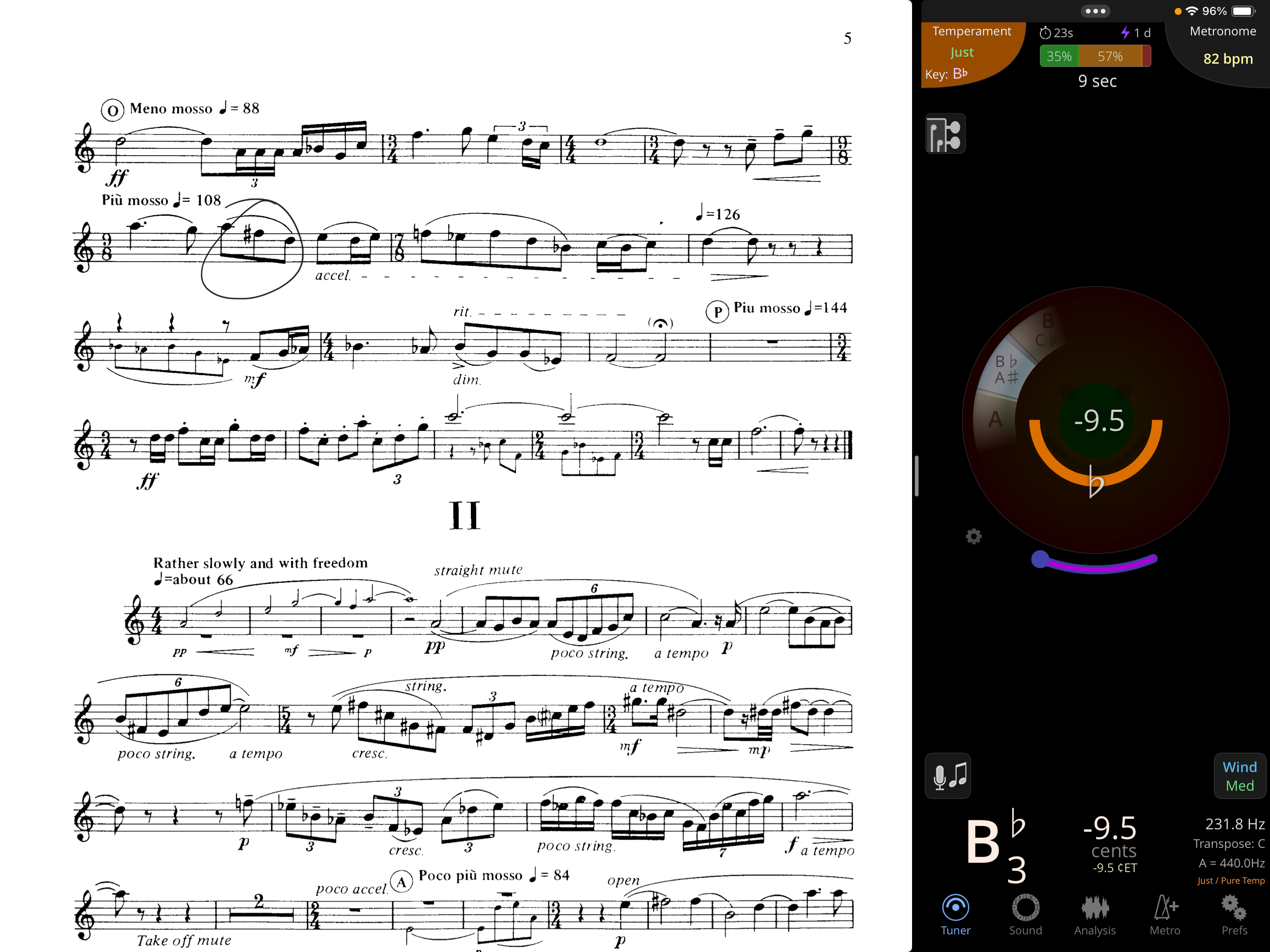Screenshot of music notation and a tuner using split view on iPad.