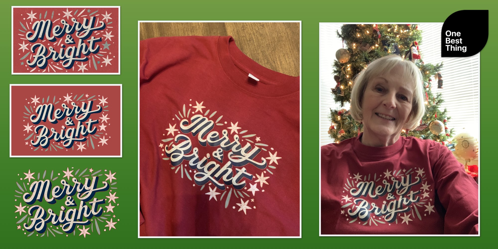 "Merry and Bright" logo transferred onto a t-shirt