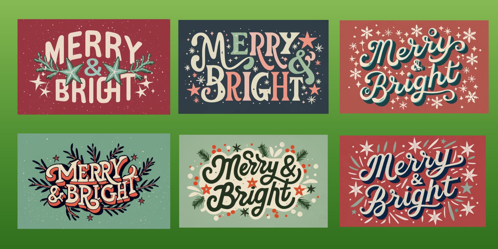 colorful logos with the words "Merry and Bright"