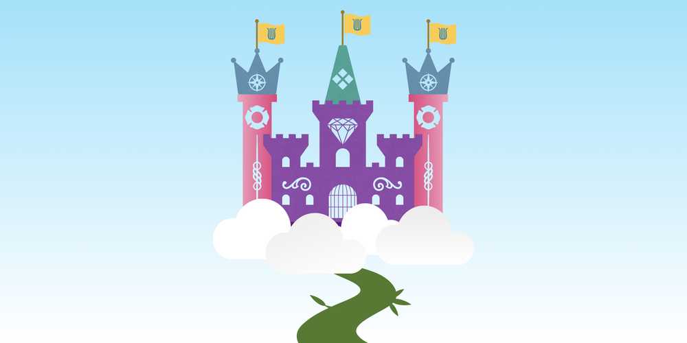 A pink and purple fairytale castle sitting atop clouds at the end of a beanstalk. With teal turrets and yellow flags.