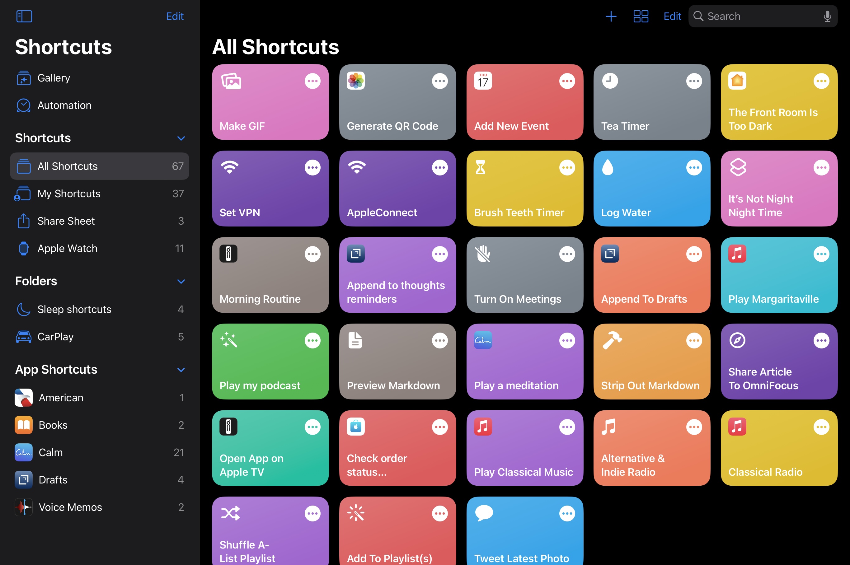 The main page of the iPad shortcuts app. "All Shortcuts" is selected from the menu on the left.  28 shortcuts are visible.