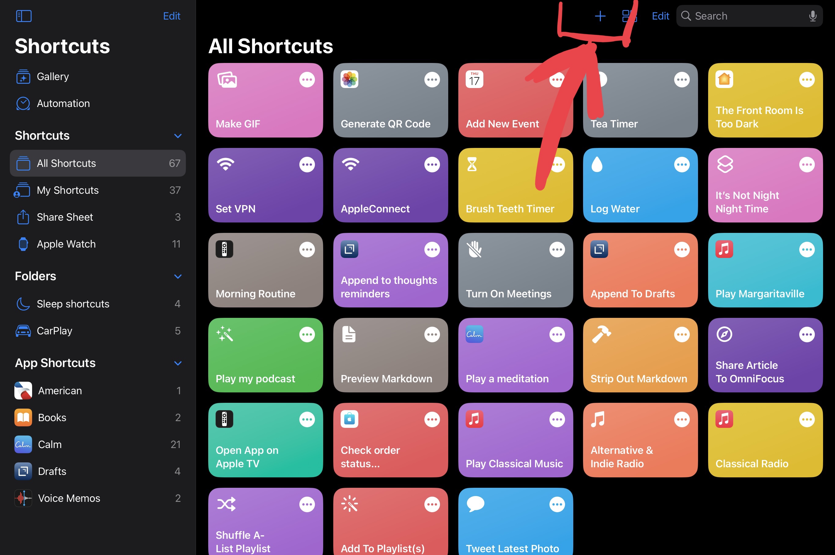 Main screen of the shortcuts app is shown. The plus icon in the top right is circled with an arrow pointing to it.