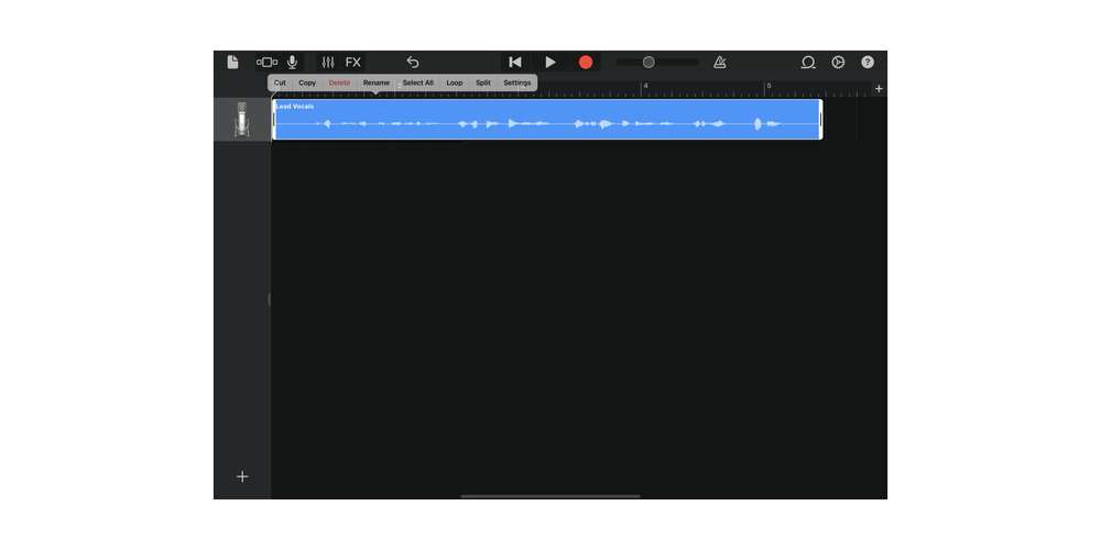 Screenshot of GarageBand on iPad showing a recorded audio track labeled Lead Vocals. Edit options appear above recording.