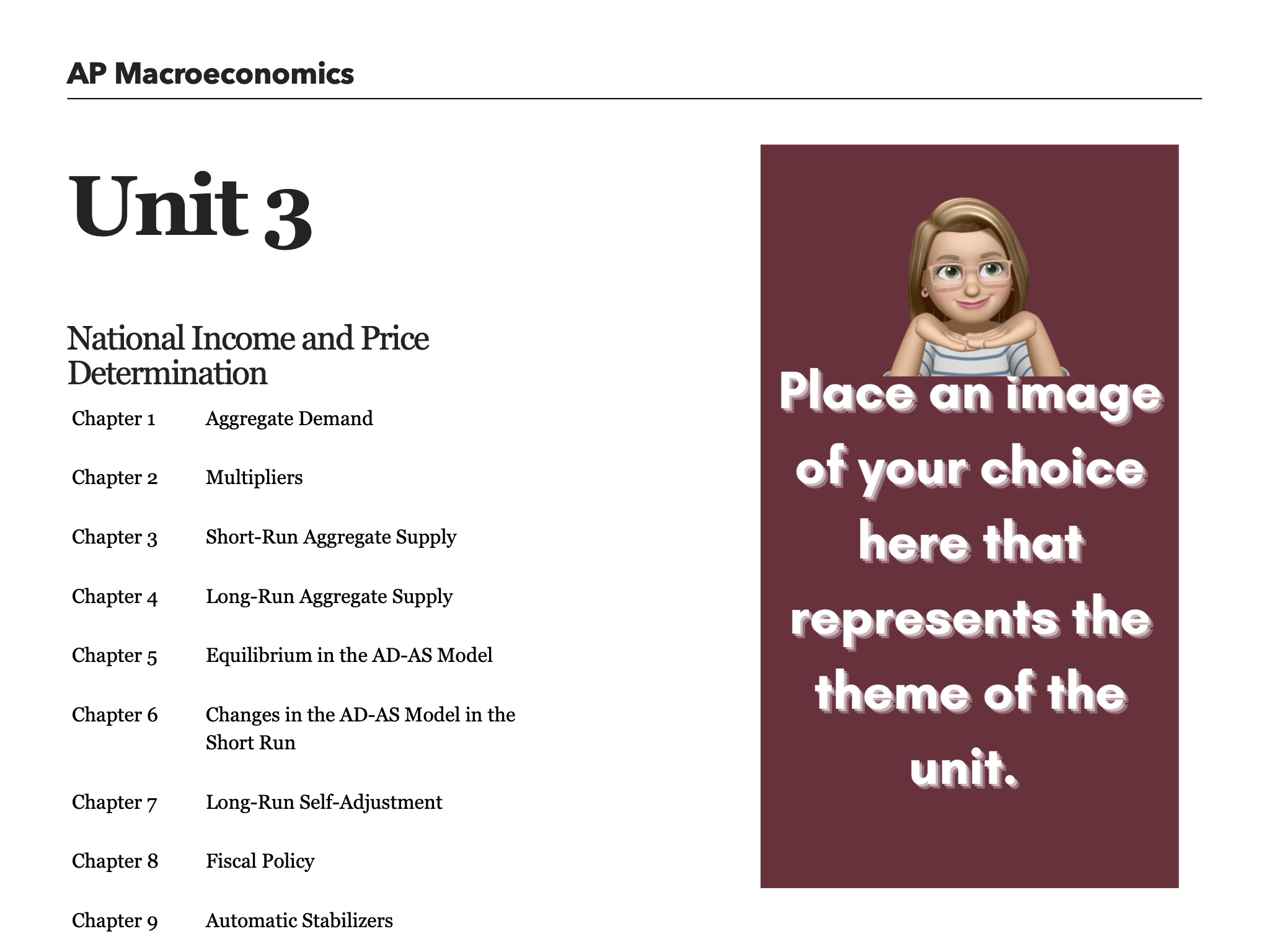 White background with a list of chapters and a maroon placeholder image. 