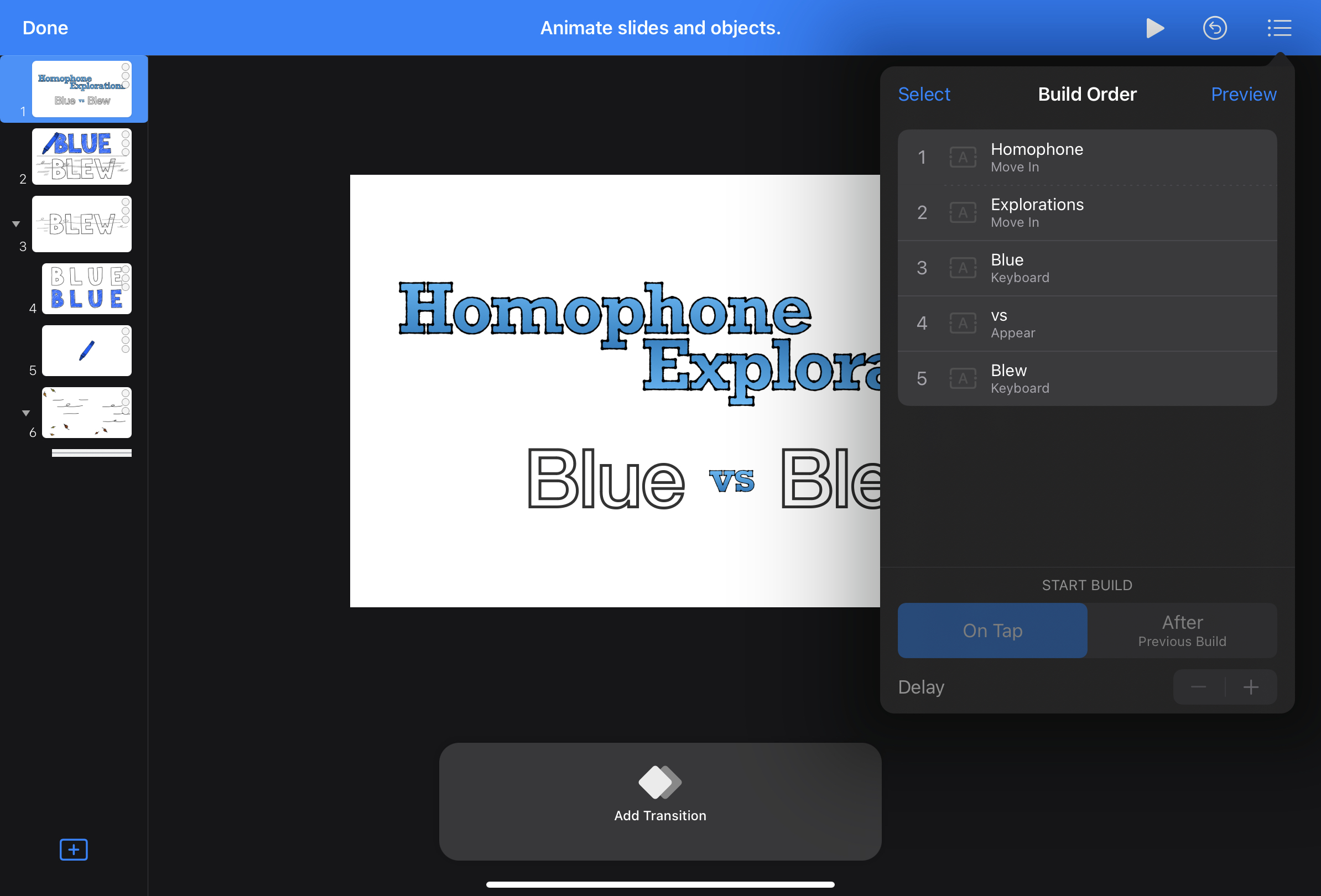 Homophone Explorations title page open in Keynote editor mode with Build Order visible