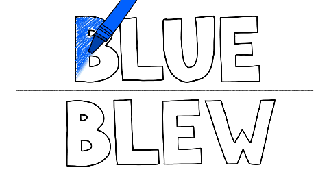 The words "BLUE" and "BLEW" are hand-drawn on a Keynote slide. A blue animated crayon is colouring in the word "BLUE."