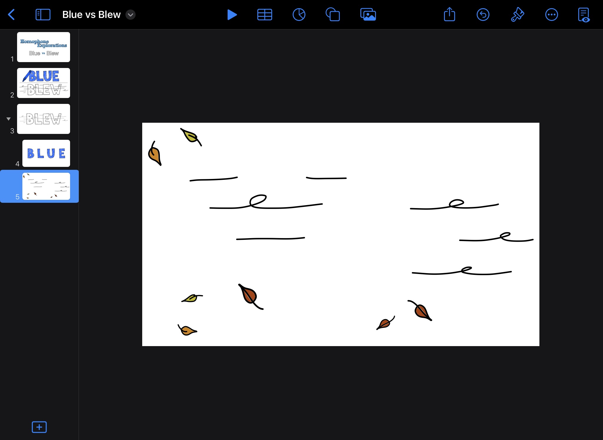 Working in the Keynote editor, drawings of leaves and wind are on a slide to illustrate the word "blew"