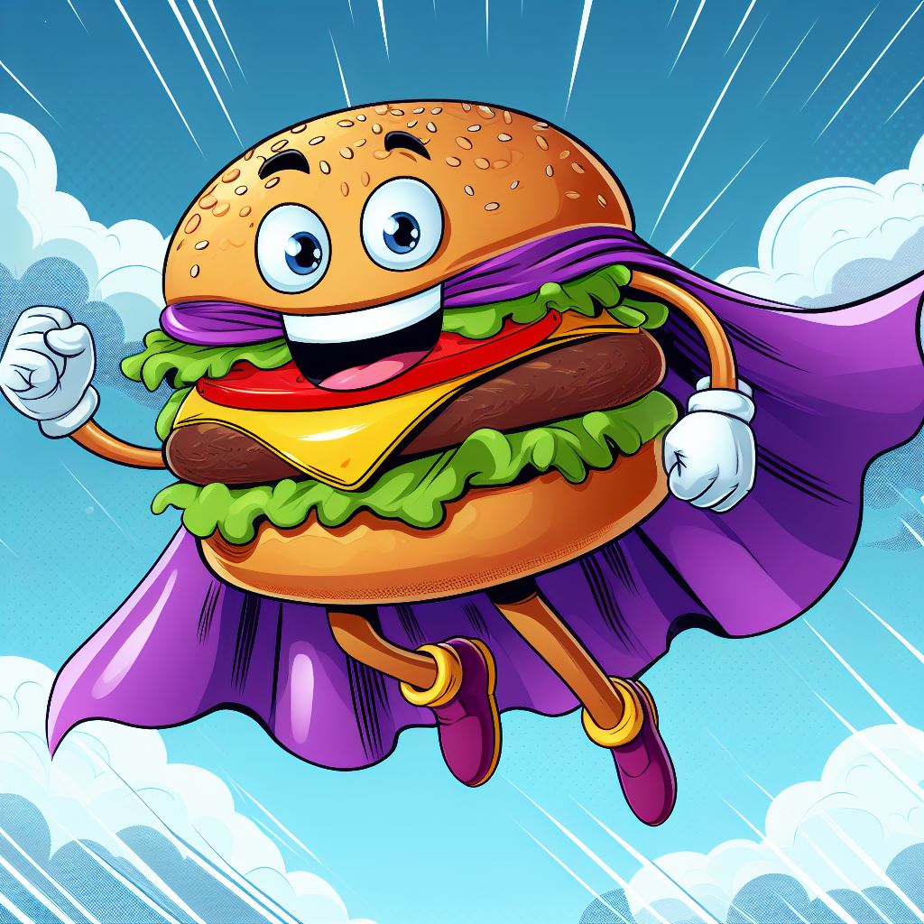 PROMPT: a flying hamburger character, wearing a purple cape, flying through the sky