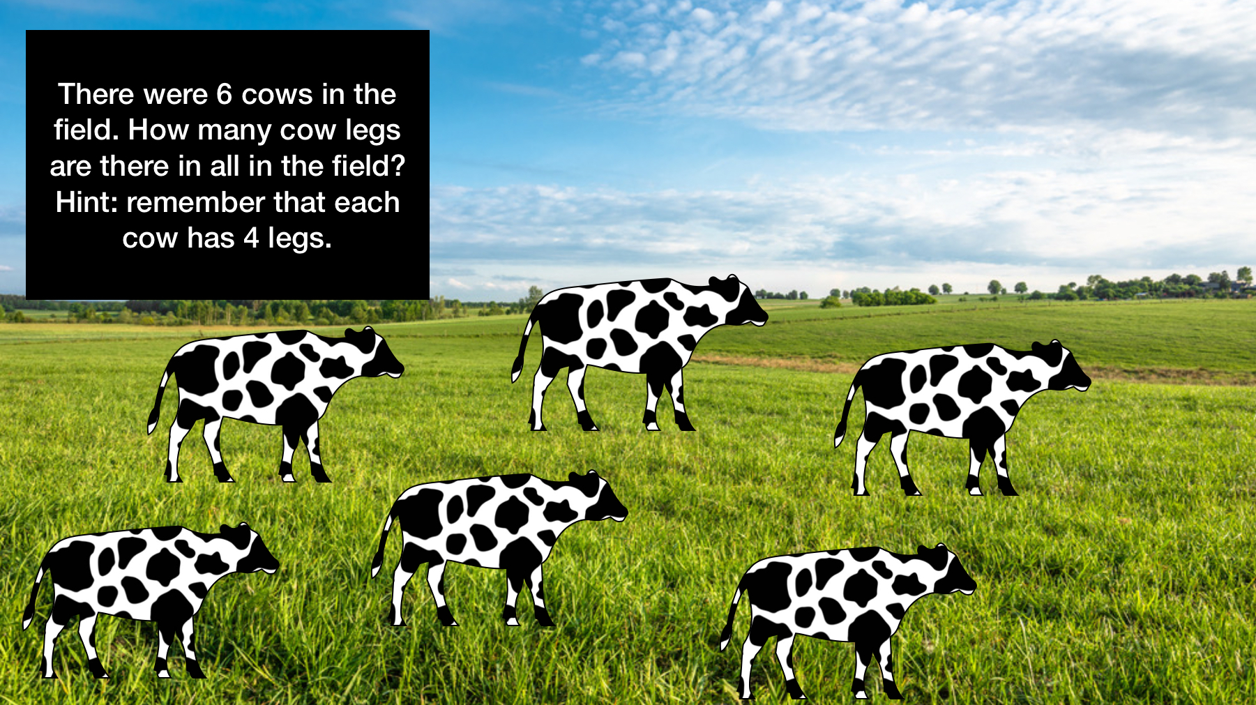Picture of 6 cows in an open field. How many legs altogether?