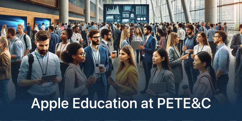 A diverse group of conference attendees with an "Apple Education at PETE&C" overlay