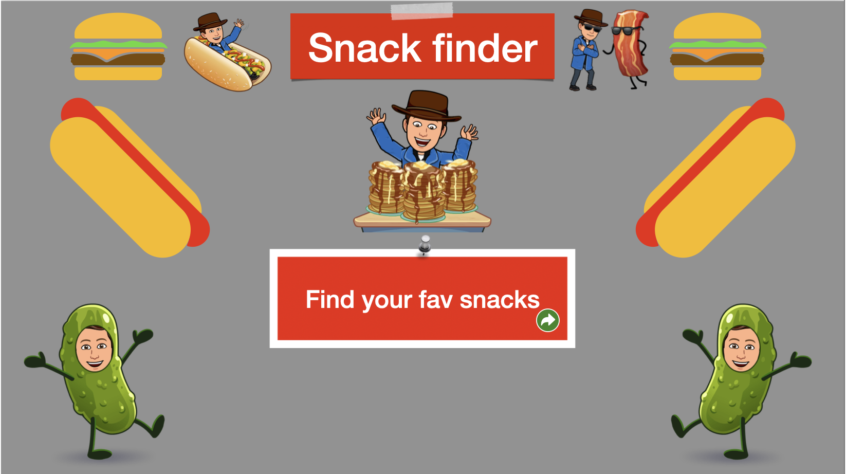 This is a screenshot of the first slide in a keynote app idea. It is called Snack Finder and has some fun pictures of snacks.