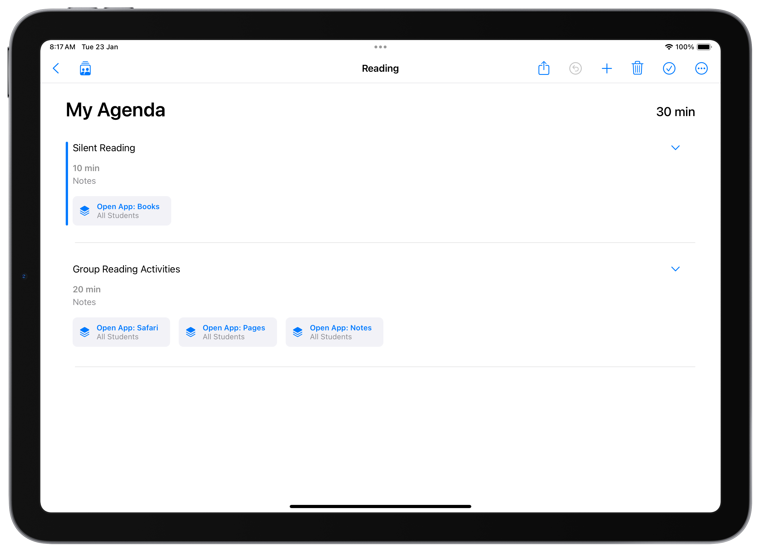 Screenshot of a sample Apple classroom agendas.