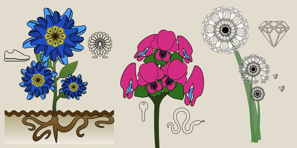 Example of an imaginative herbarium of plants with shapes assembled in Keynote.