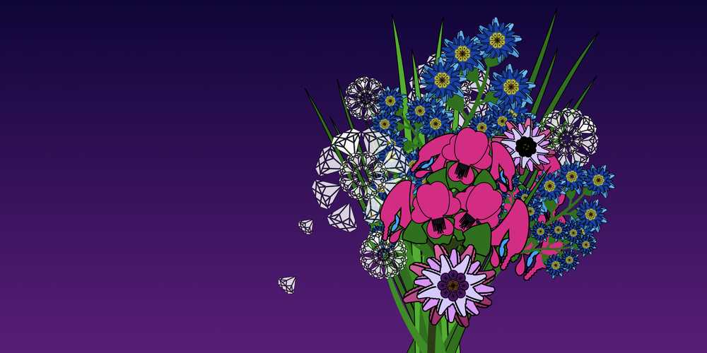 A bouquet of flowers with various plants assembled from shapes. 