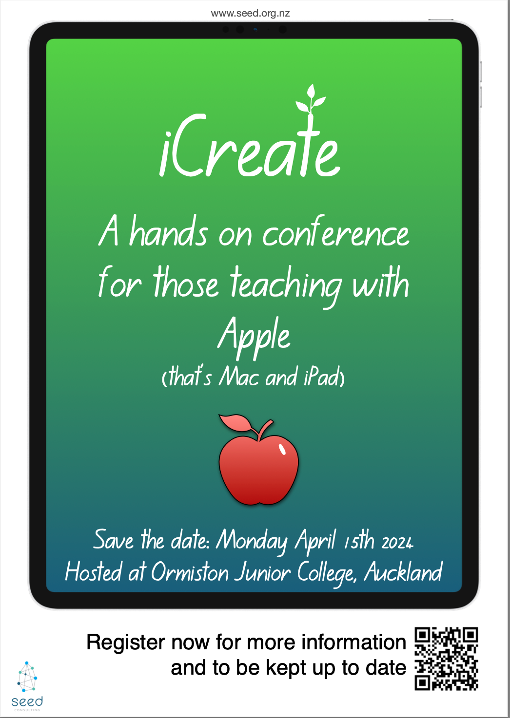 Conference Poster that says "A hands-on conference for those teaching with Apple (that’s Mac and iPad)"