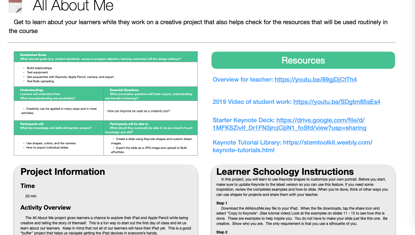 Image of the All About Me lesson guide. The title is at the top. The image includes Goals, project information, and links.