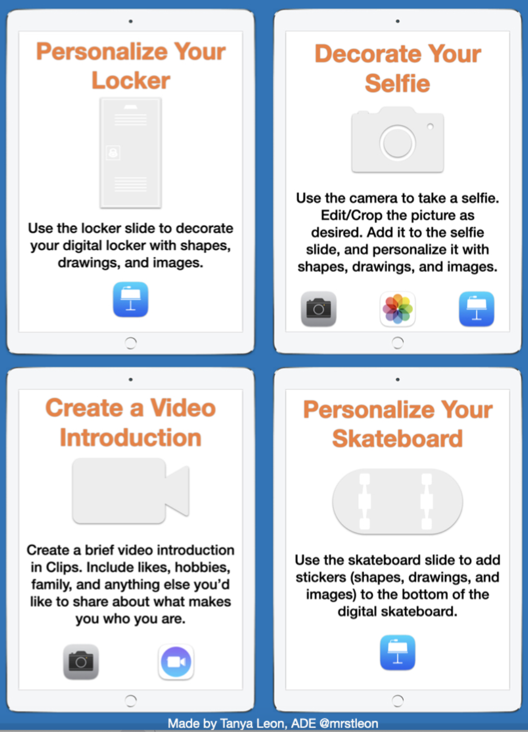 Grid with four choice options to personalize --locker image, camera image, skateboard image, video image