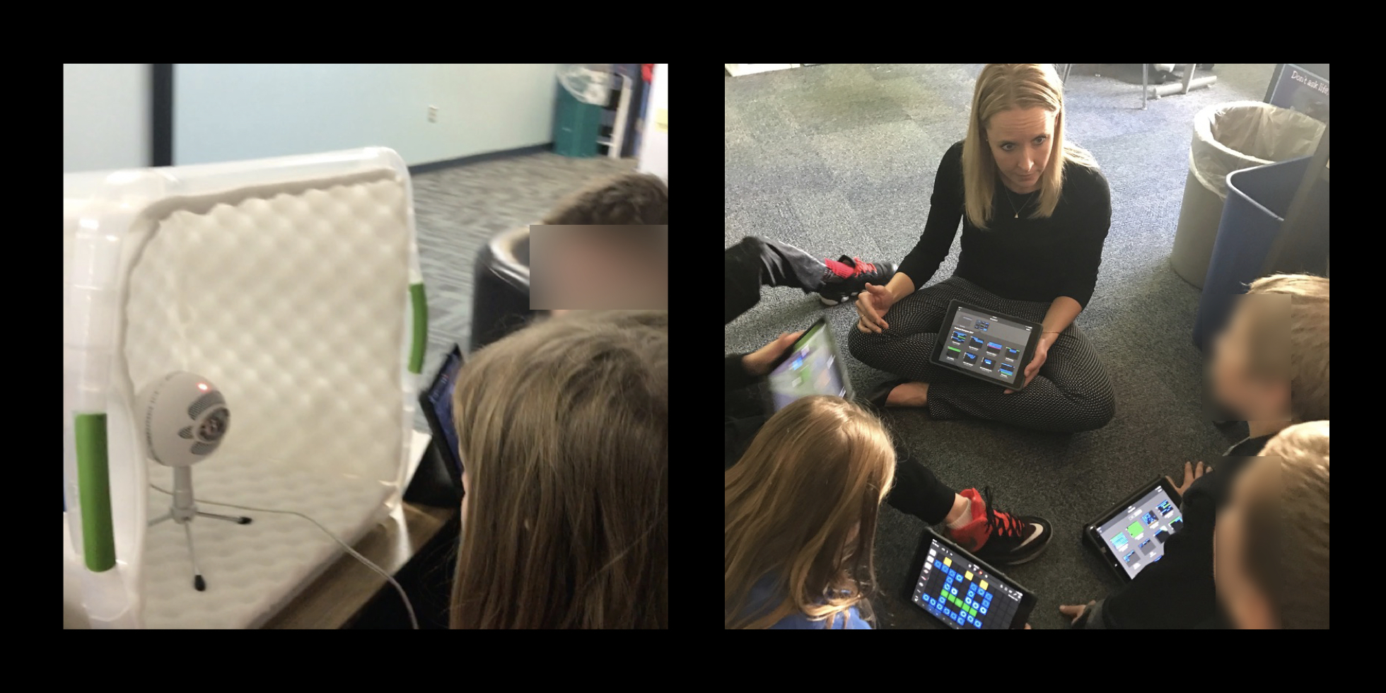 side by side image of Homemade sound booth for students recording and students sitting in a circle learning GarageBand