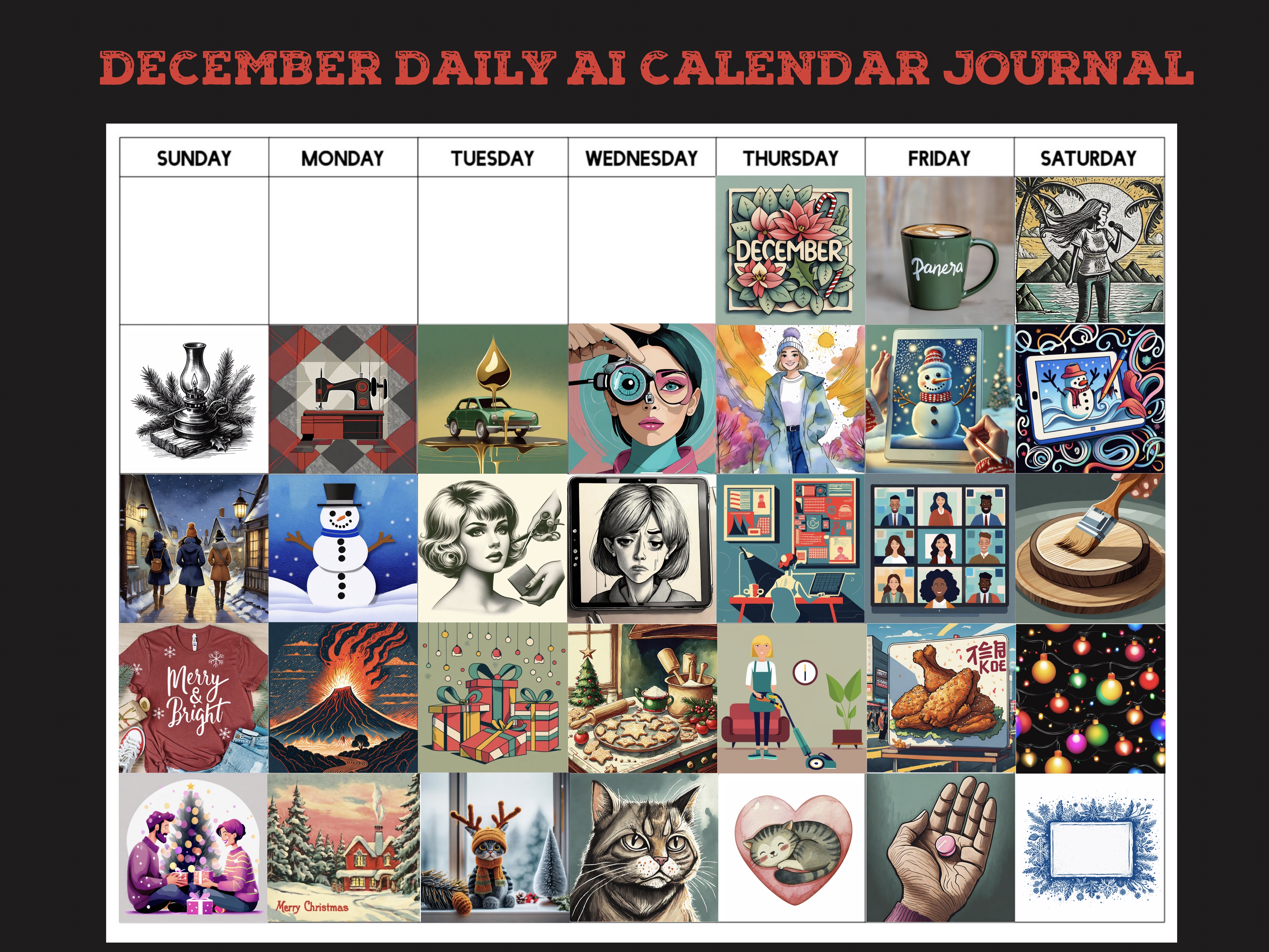 December calendar with spaces filled with daily AI images