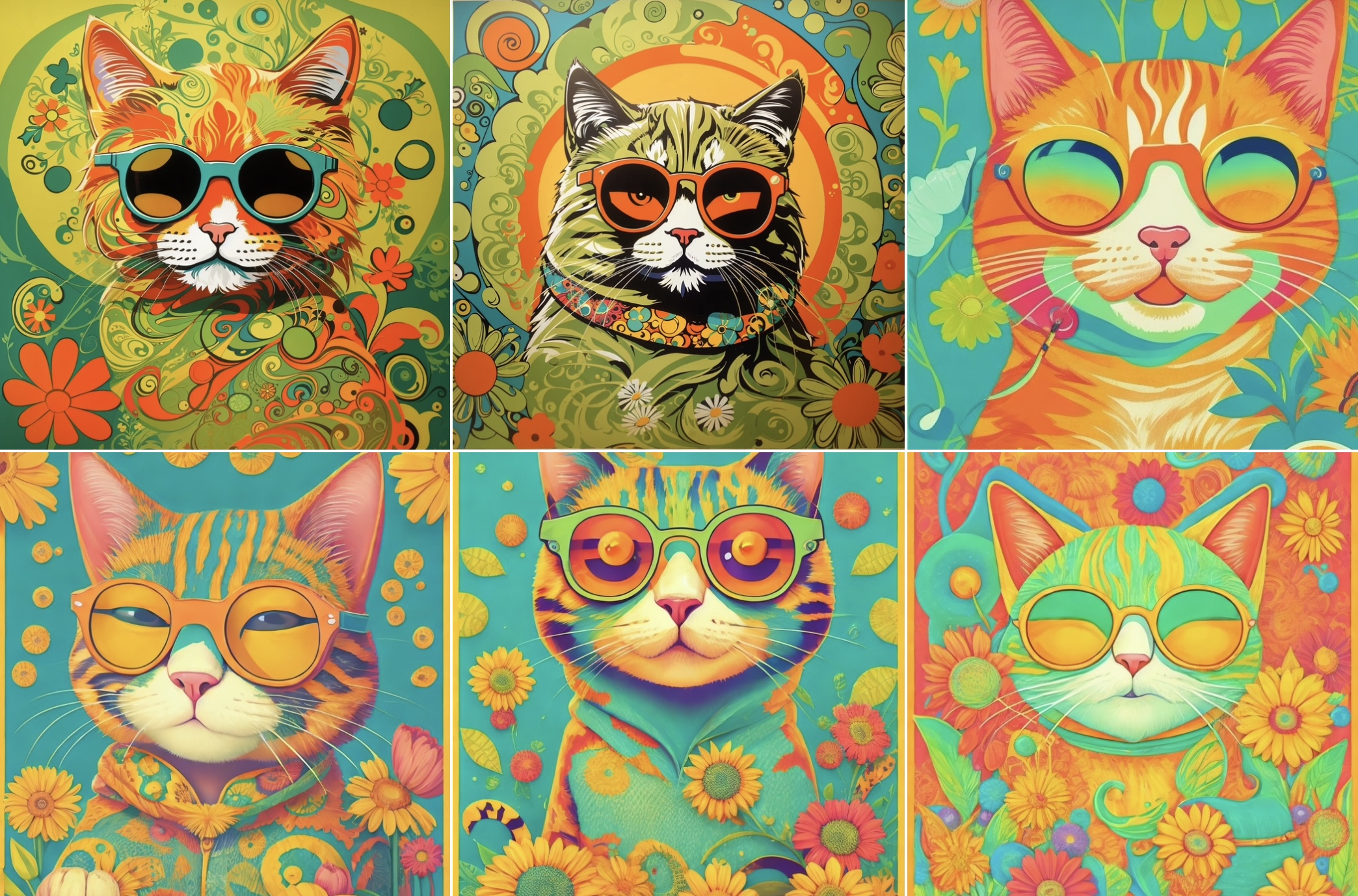 60's style cats in yellow, orange, and green