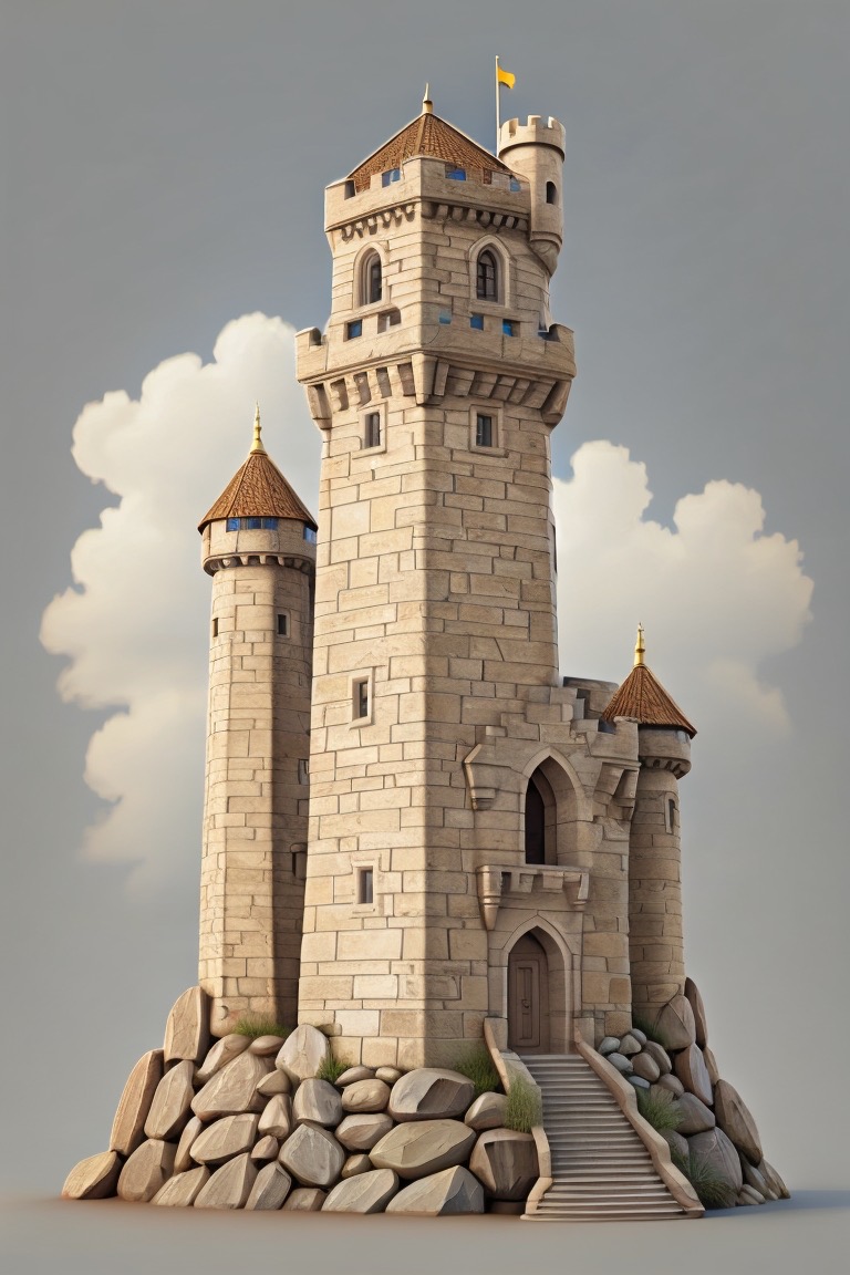 illustration of castle tower with clouds in the background.