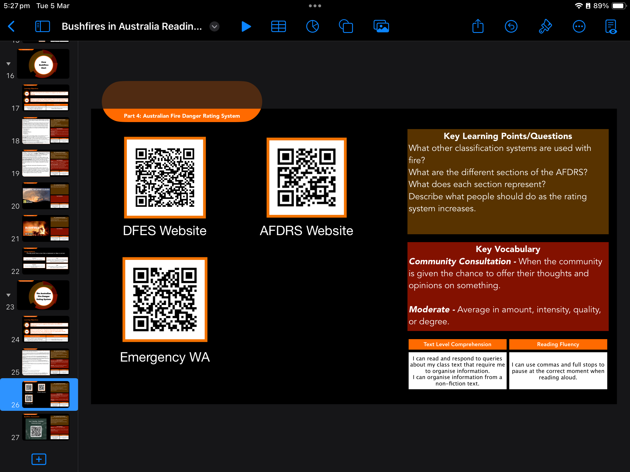 Another slide from the teacher's presentation. This one uses QR codes to direct students to supplementary resources.