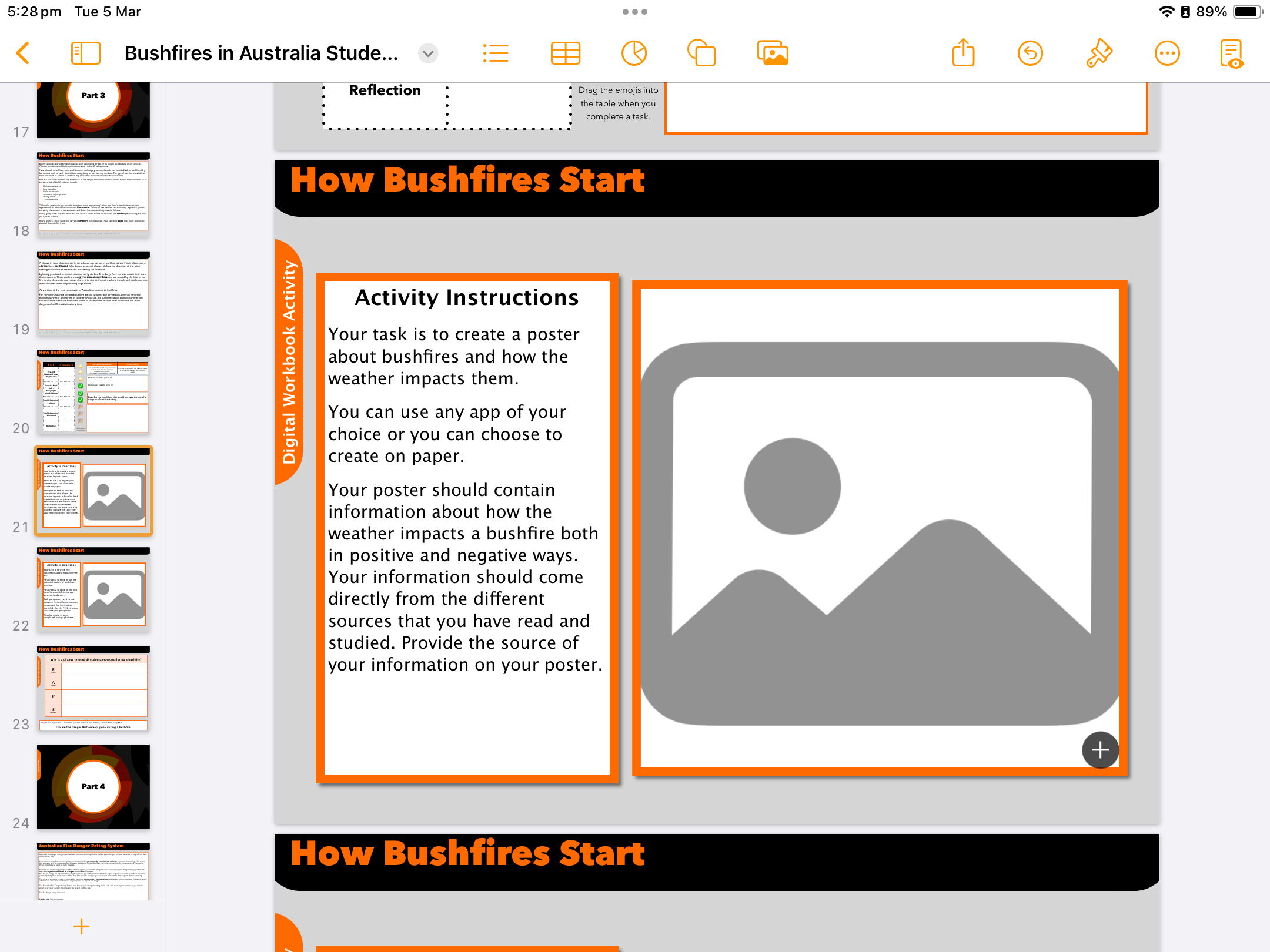 An activity page from the Pages Student Workbook. The activity contains a placeholder image for students to input their work.