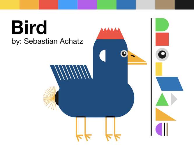 A colorful, geometric bird made of simple shapes, featuring a red crest, yellow beak, blue wings, and thin yellow legs.