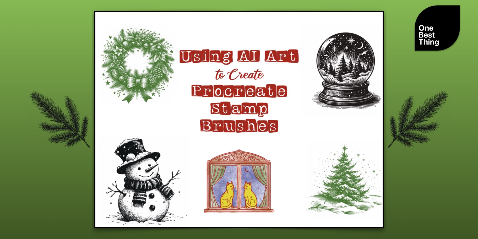 Title "Using AI Art to create Procreate Stamp Brushes" with examples of winter themed stamps - snow globe, pine tree, snowman