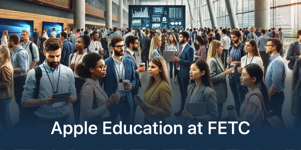 Diverse conference attendees with an "Apple Education at FETC" overlay