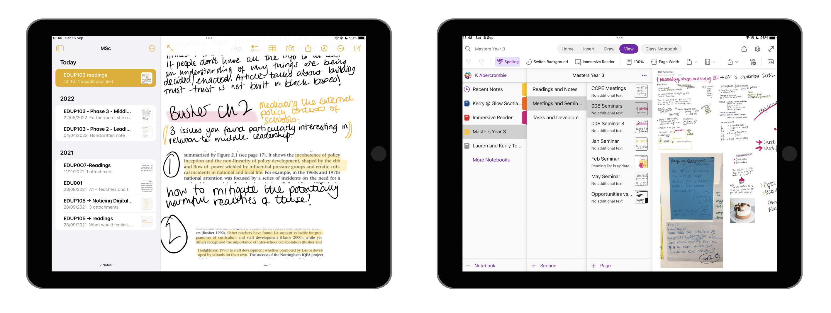 iPad screen on left showing Notes app, iPad screen on right showing OneNote app.