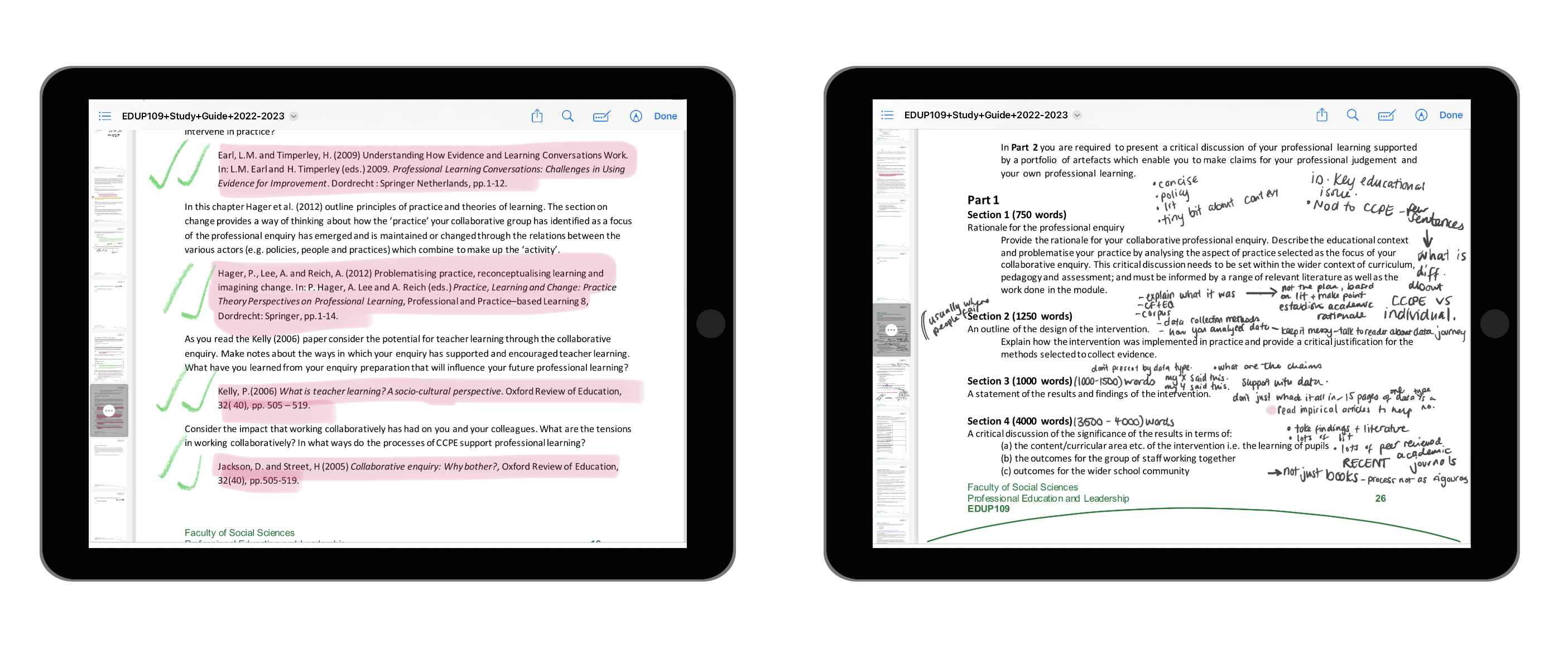 iPad showing some marked up Study Guide pages.