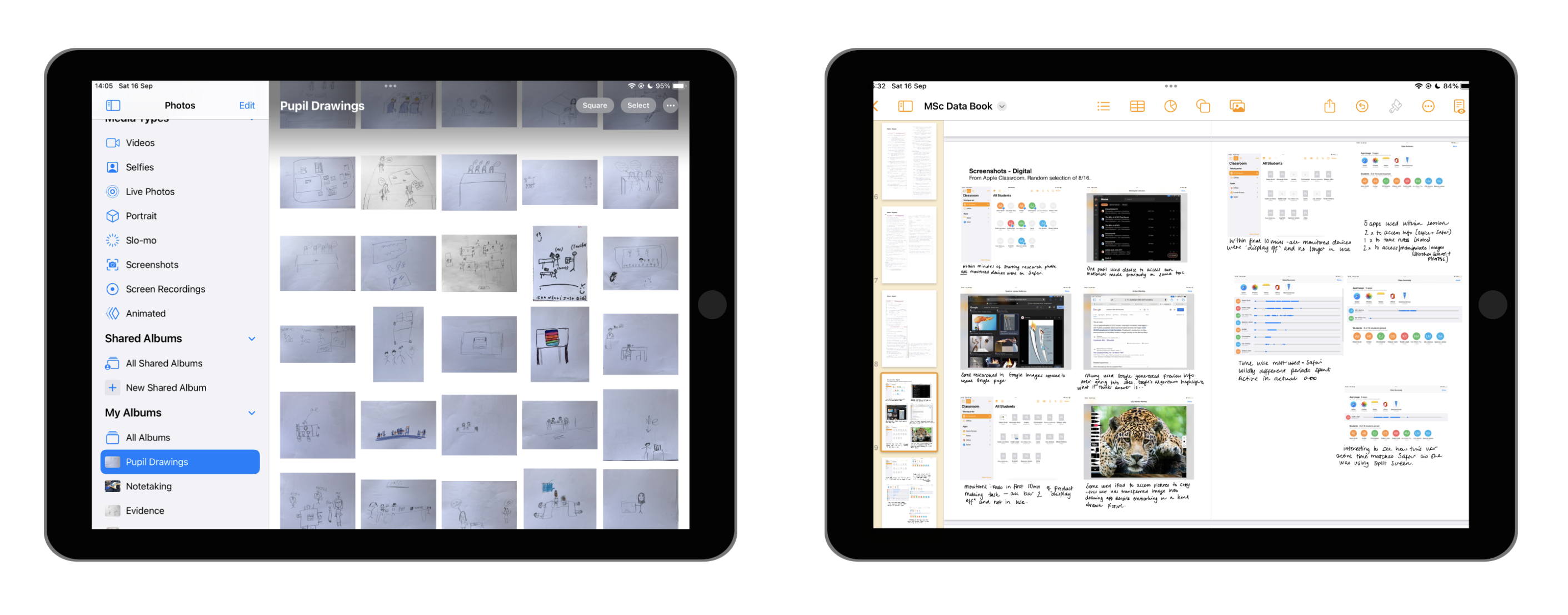 iPad showing pupil drawings in Album and the data book in Pages