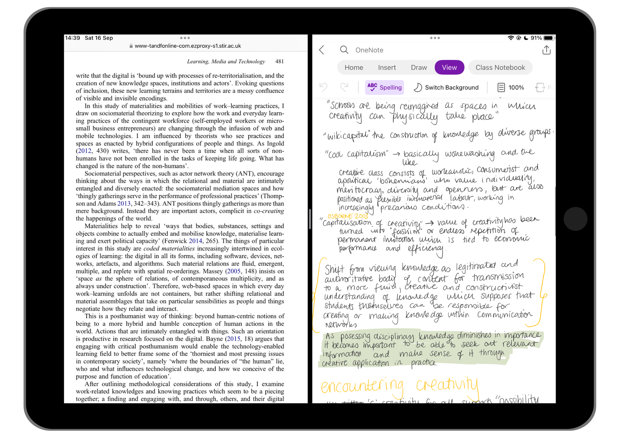 iPad showing Split Screen between an academic article and some notes.