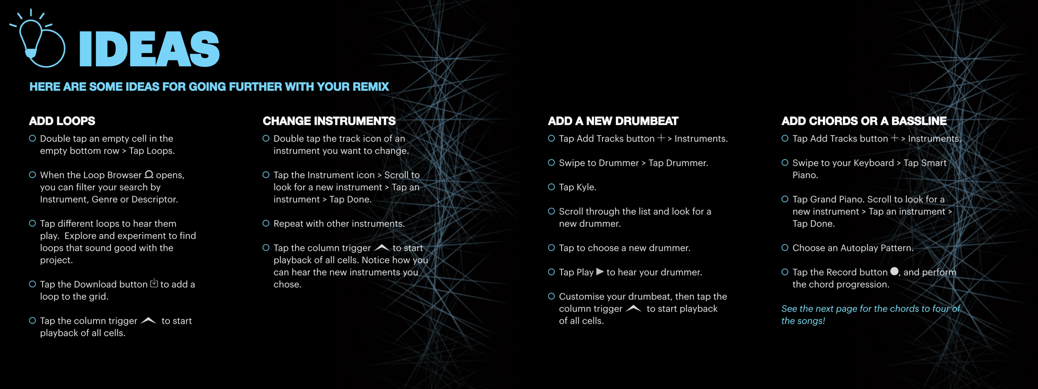 Two screenshots from REMIX with GarageBand for iPad. Two images from the Ideas section are shown, with instructional text.